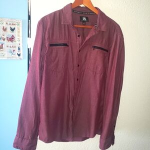Rock & Republic Men's Button Down Maroon Shirt With Zip Pockets Sz XL